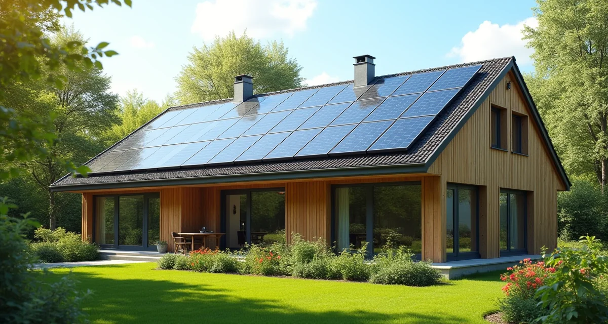 Pannelli fotovoltaici sul tetto di una moderna casa ecologica con giardino in una giornata di sole