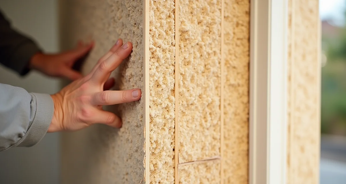 Pannelli isolanti in fibra di legno fissati sulla parete esterna di una casa ecologica per migliorare l'efficienza energetica