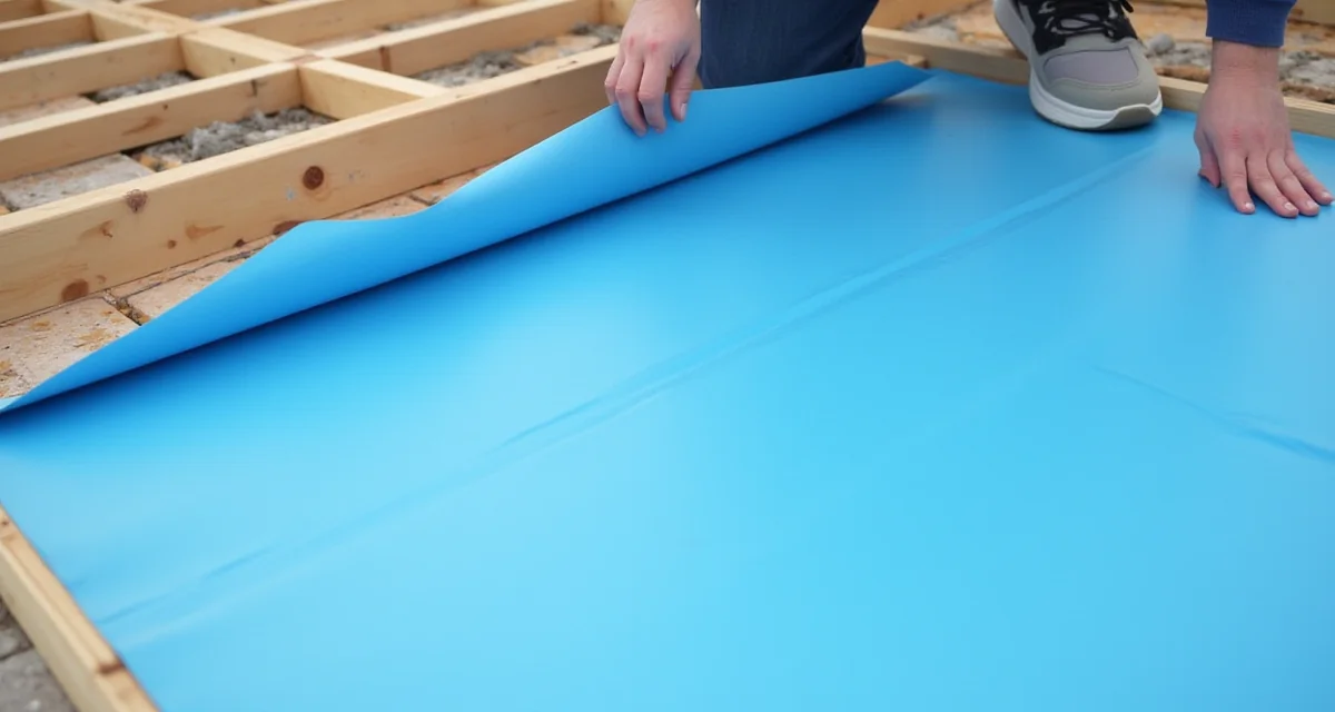Membrana blu per barriera al vapore posata sulle travi del tetto con giunti sigillati