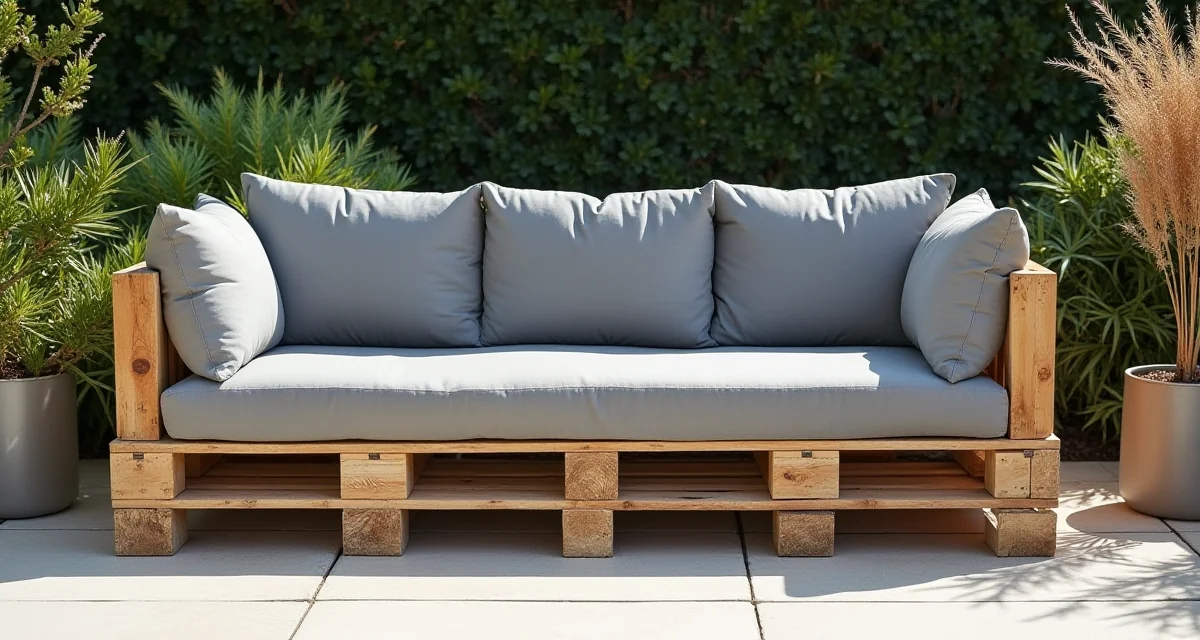 Divano da giardino realizzato con bancali di legno e cuscini grigi su una terrazza soleggiata