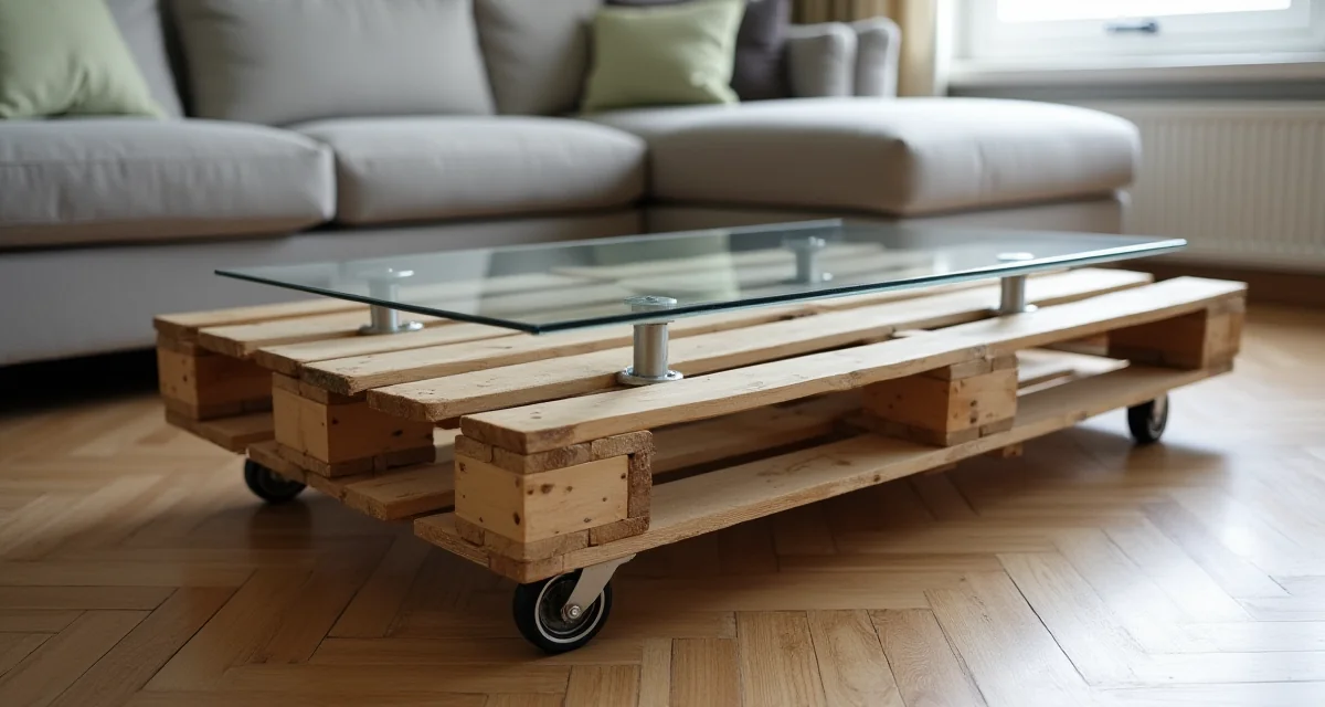 Tavolino basso realizzato con bancali di legno e vetro su ruote in un soggiorno moderno