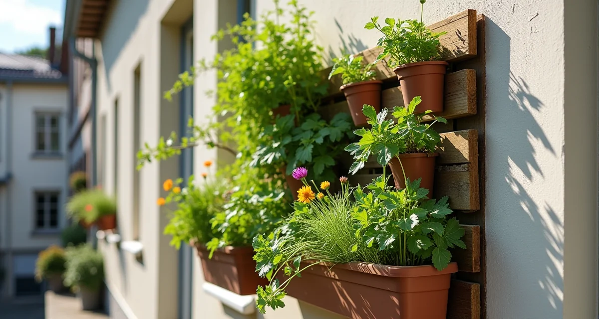 Giardino verticale su balcone realizzato con bancali di legno per piante aromatiche e fiori in pieno sole
