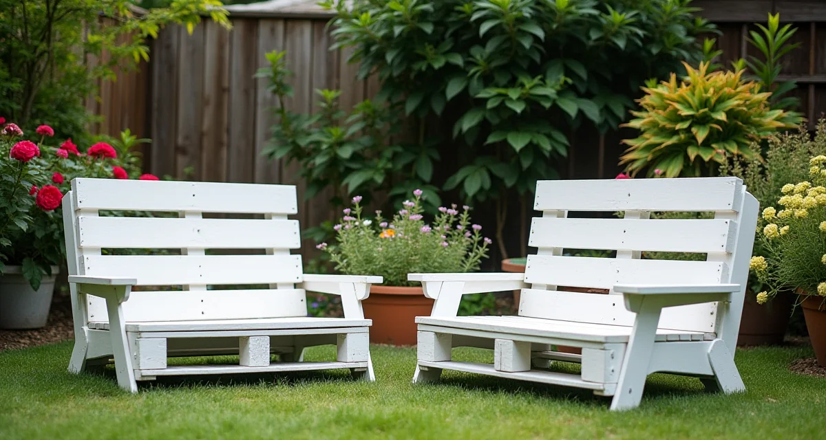 Mobili da giardino realizzati con bancali dipinti di bianco disposti in un cortile verde