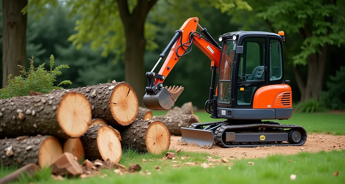 Tronco d'albero abbattuto e ceppi accanto a un escavatore in giardino con segatura sull'erba