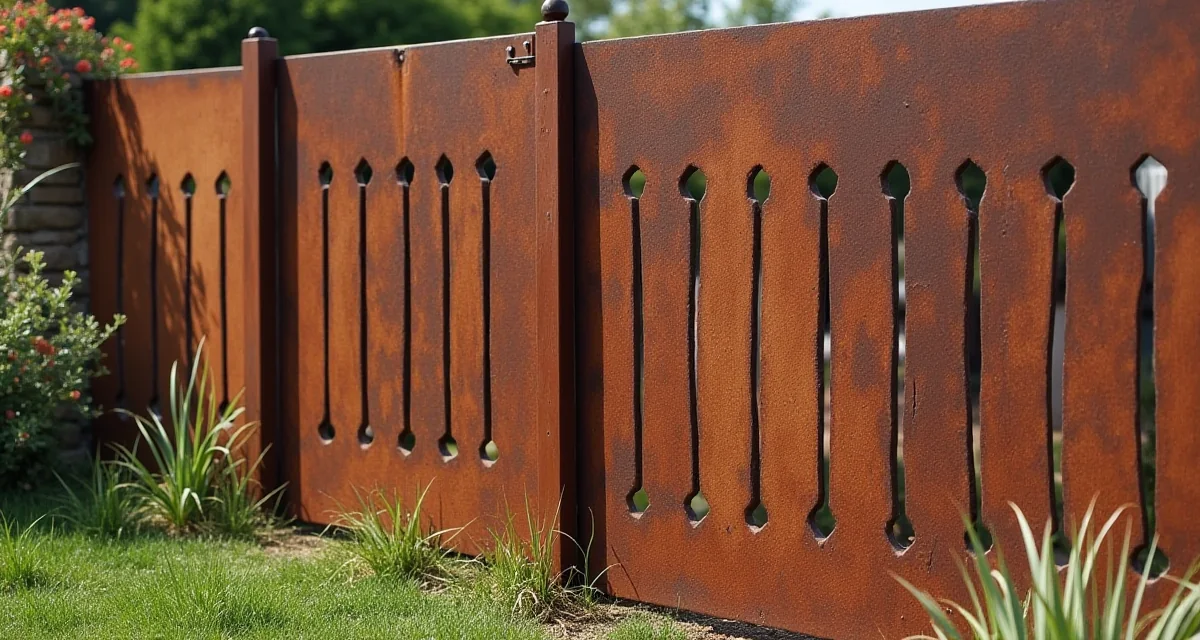 Portoncino in acciaio Corten arrugginito con motivo sagomato per giardino