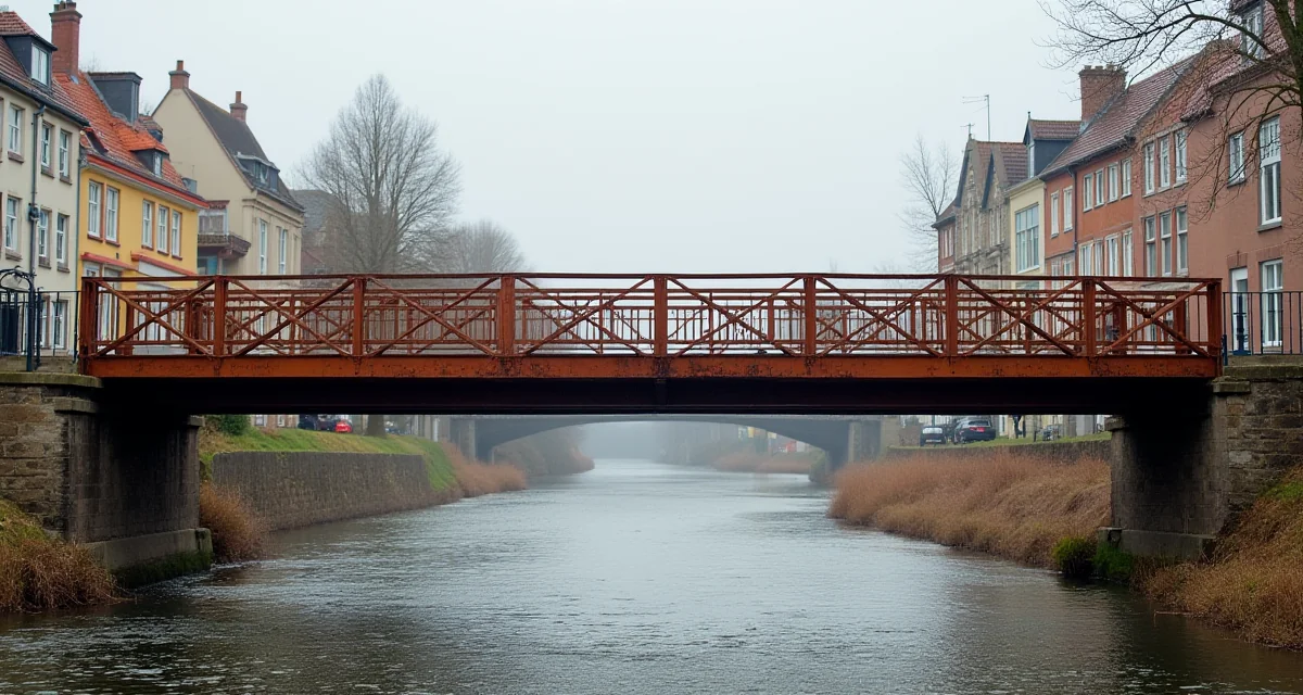 Ponte pedonale in acciaio Corten arrugginito che attraversa un fiume sotto la luce del giorno