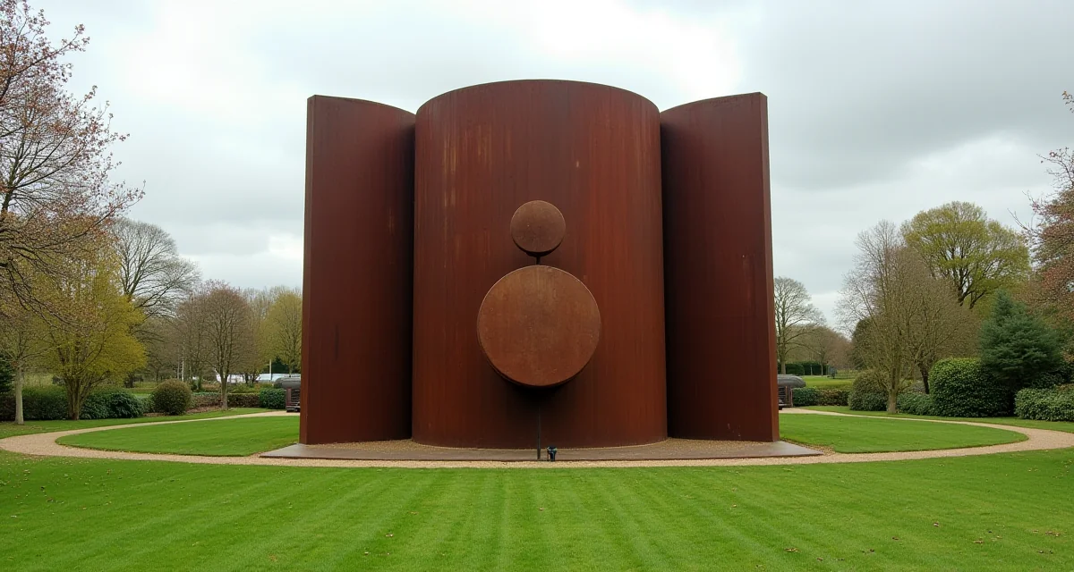 Scultura in acciaio Corten con patina ruggine esposta all'aperto in un parco inglese