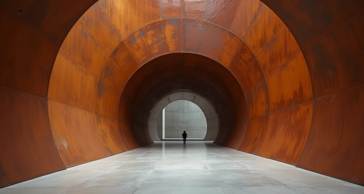 Grandi lastre curve di acciaio Corten formano una scultura espositiva in un museo