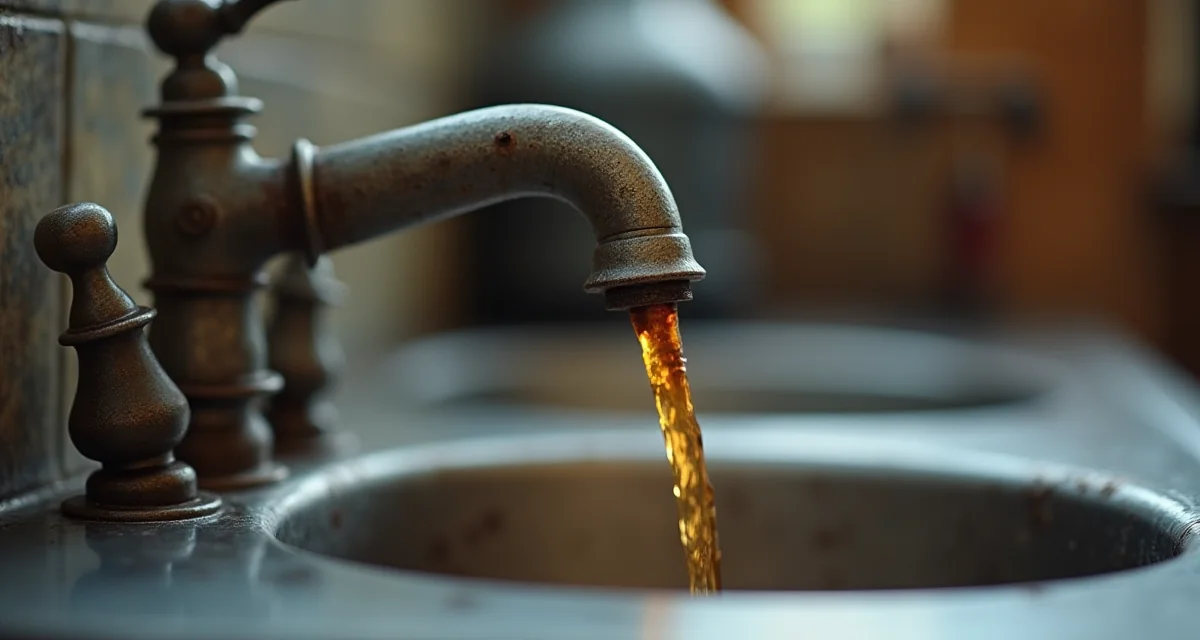 Rubinetto di cucina che eroga acqua marrone rugginosa nel lavello, segno di tubazioni corrose