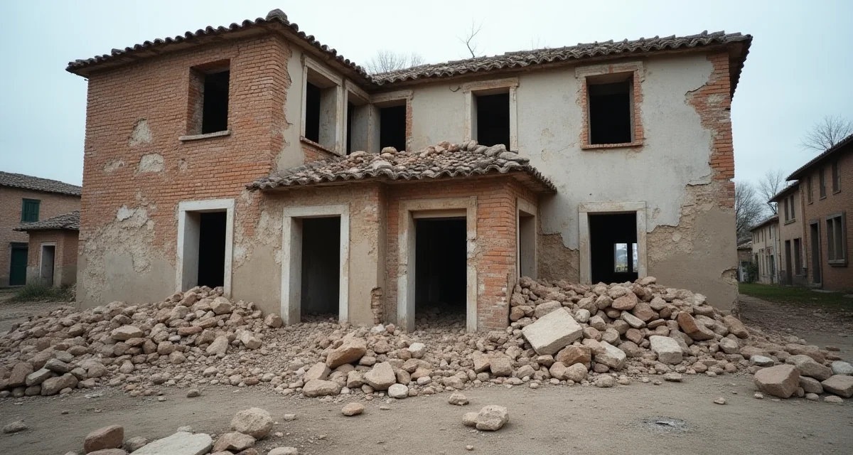 Edificio in muratura danneggiato da terremoto con crepe e intonaco caduto per l'adeguamento sismico dell'esistente