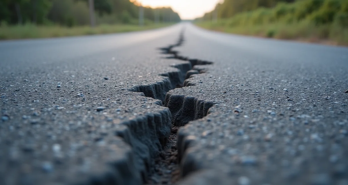 Fessura longitudinale sull'asfalto stradale causata dal terremoto in composizione verticale