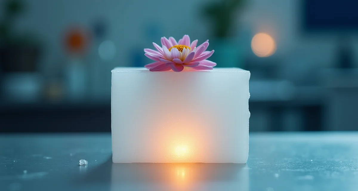 Blocco di aerogel traslucido su tavolo da laboratorio con fiamma sotto e fiore sopra per dimostrare l'isolamento termico