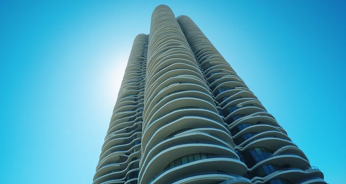 Vista dal basso dell'Aqua Tower a Chicago con i suoi balconi ondulati e il cielo blu