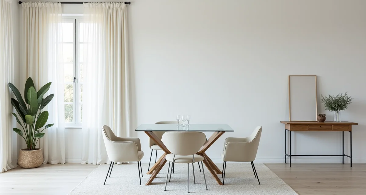 Tavolino da pranzo e consolle in vetro lucido in un soggiorno luminoso dall'arredamento elegante