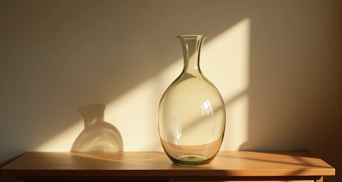 Vaso alto in vetro soffiato su credenza in legno che riflette la luce naturale