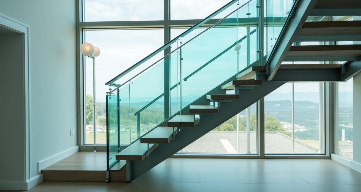 Scala in vetro con struttura in acciaio che porta luce e design moderno all'interno di una abitazione contemporanea
