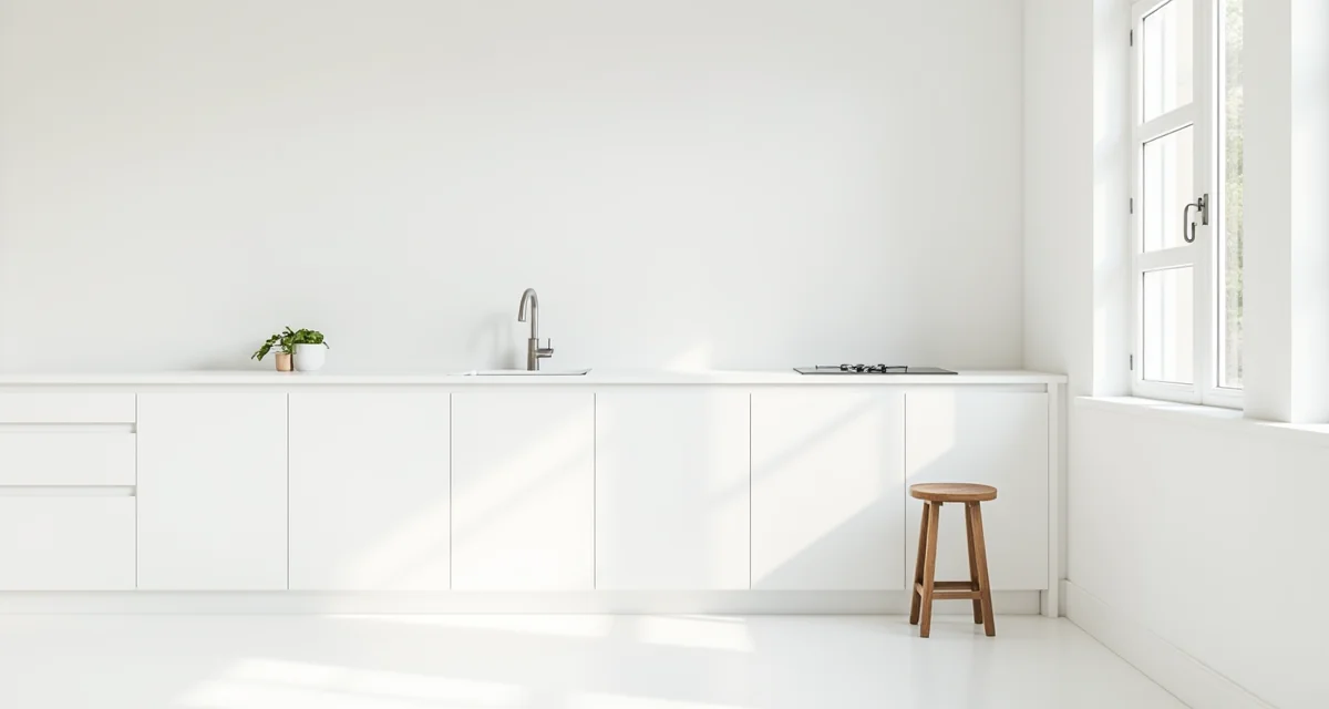 Cucina minimalista bianca con ante senza maniglie e sgabello in legno illuminata dalla luce naturale