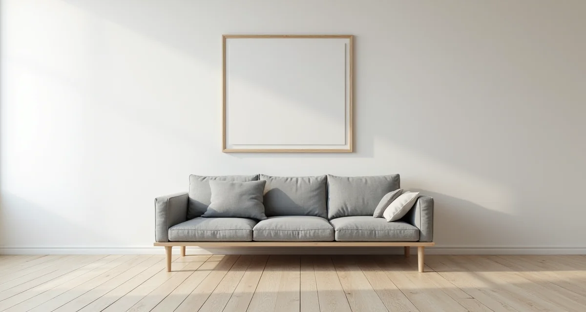 Soggiorno minimalista con divano grigio basso, opera d'arte singola e pavimento in legno vuoto illuminato da luce soffusa