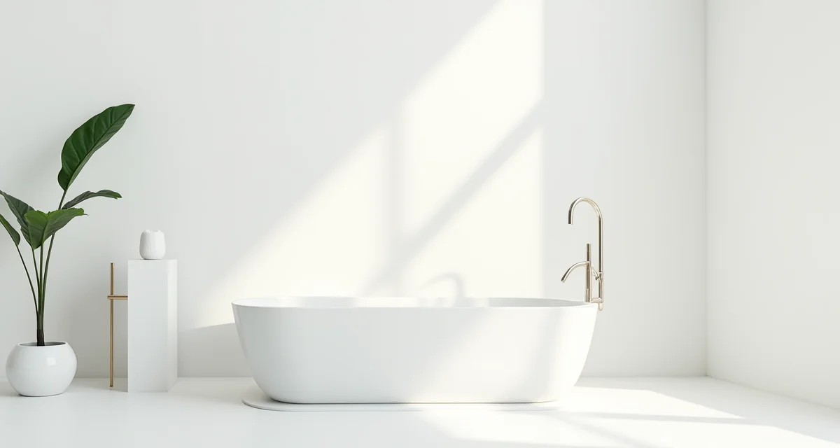 Vasca libera in un bagno minimalista con pareti bianche e illuminazione naturale soffusa