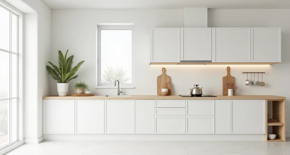 Cucina minimalista bianca e legno chiaro con linee pulite e illuminazione naturale