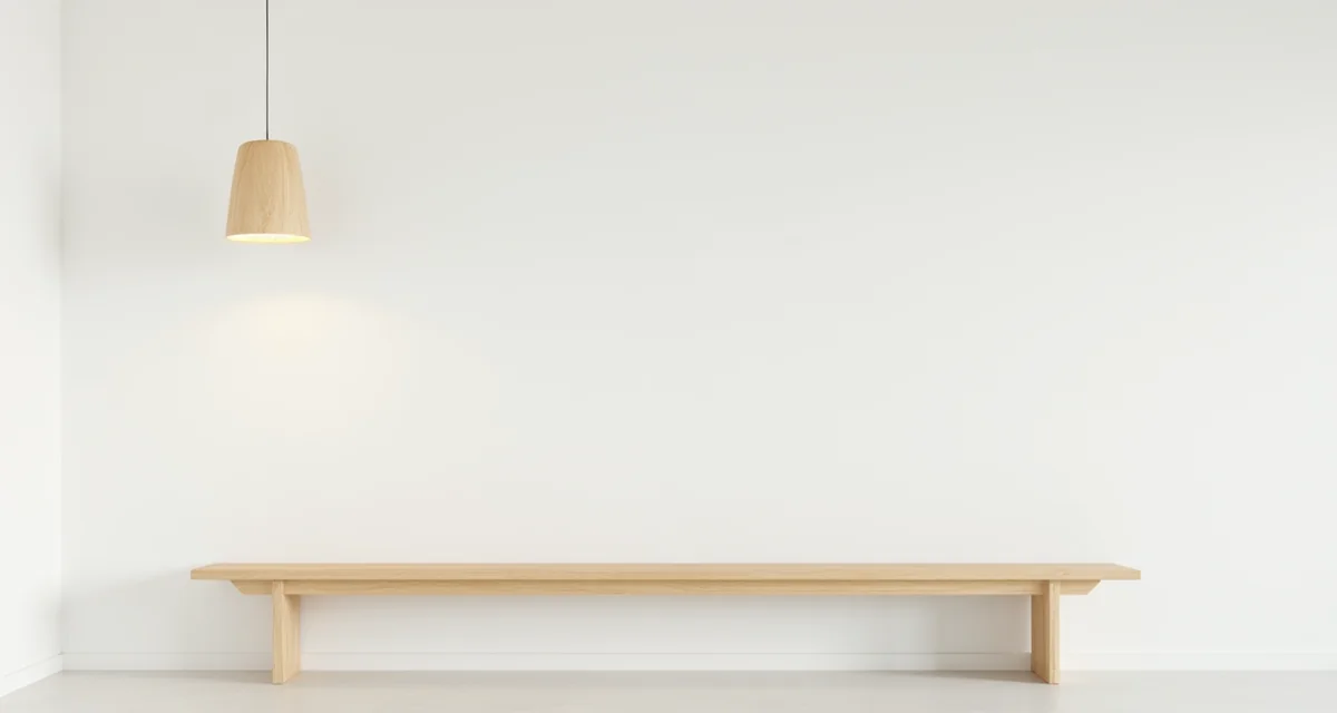 Panchina in legno e lampadario sospeso in un interno minimalista con parete bianca e luce soffusa