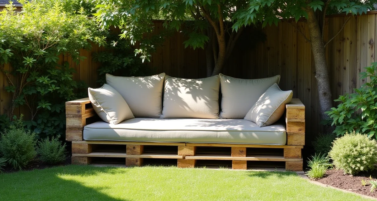 Divano in legno di pallet con cuscini tessili posizionato in un angolo del giardino sotto un albero