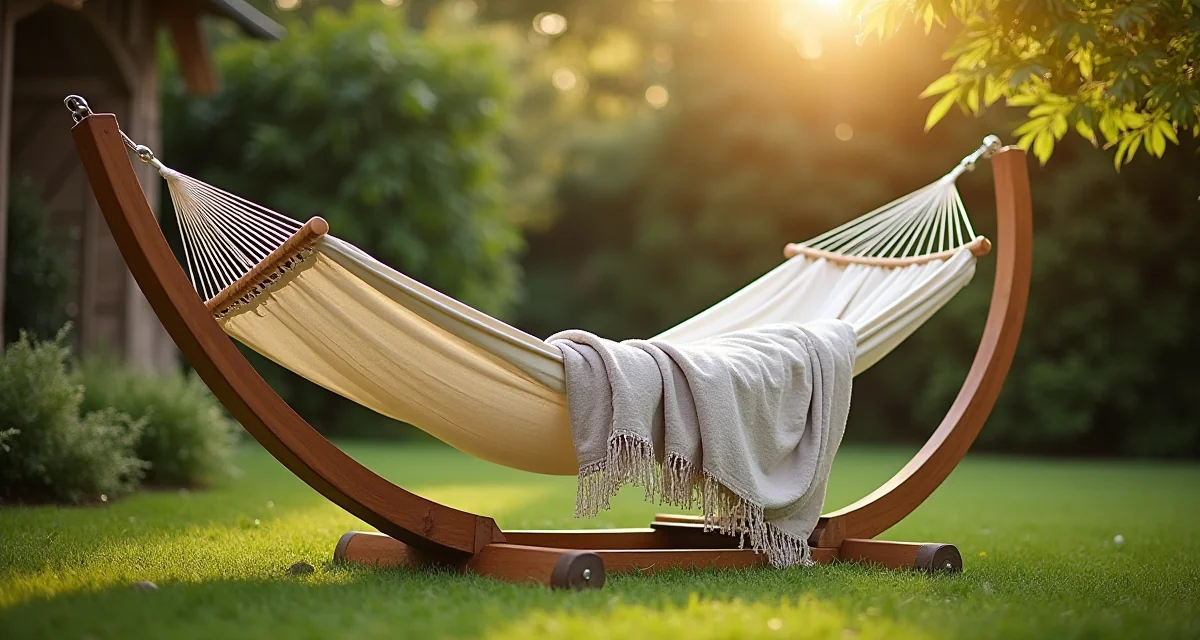 Lettico in legno con amaca e coperta illuminato dalla luce calda del giardino