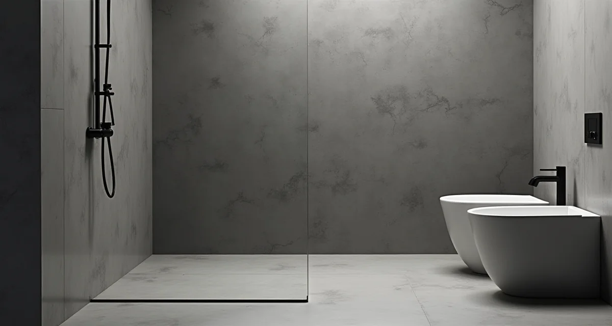 Bagno moderno con pareti e pavimento in resina grigia e rubinetteria nera sotto luce soffusa