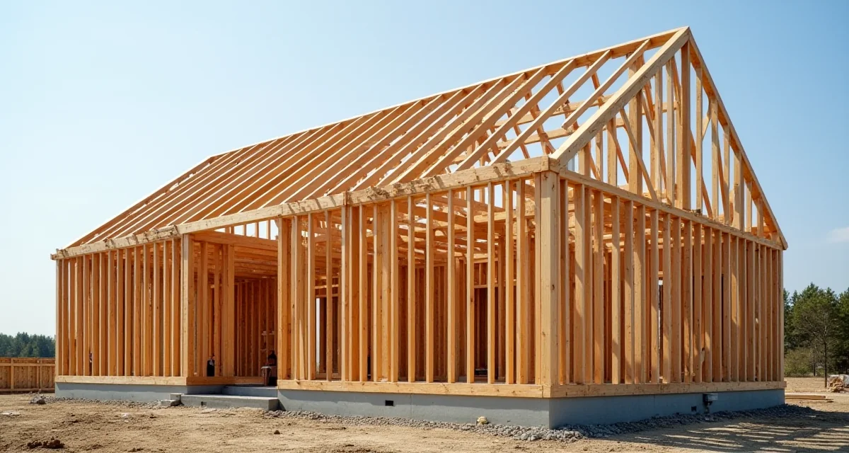 Casa in legno balloon frame con montanti continui dalla fondazione al tetto sotto un sole splendido