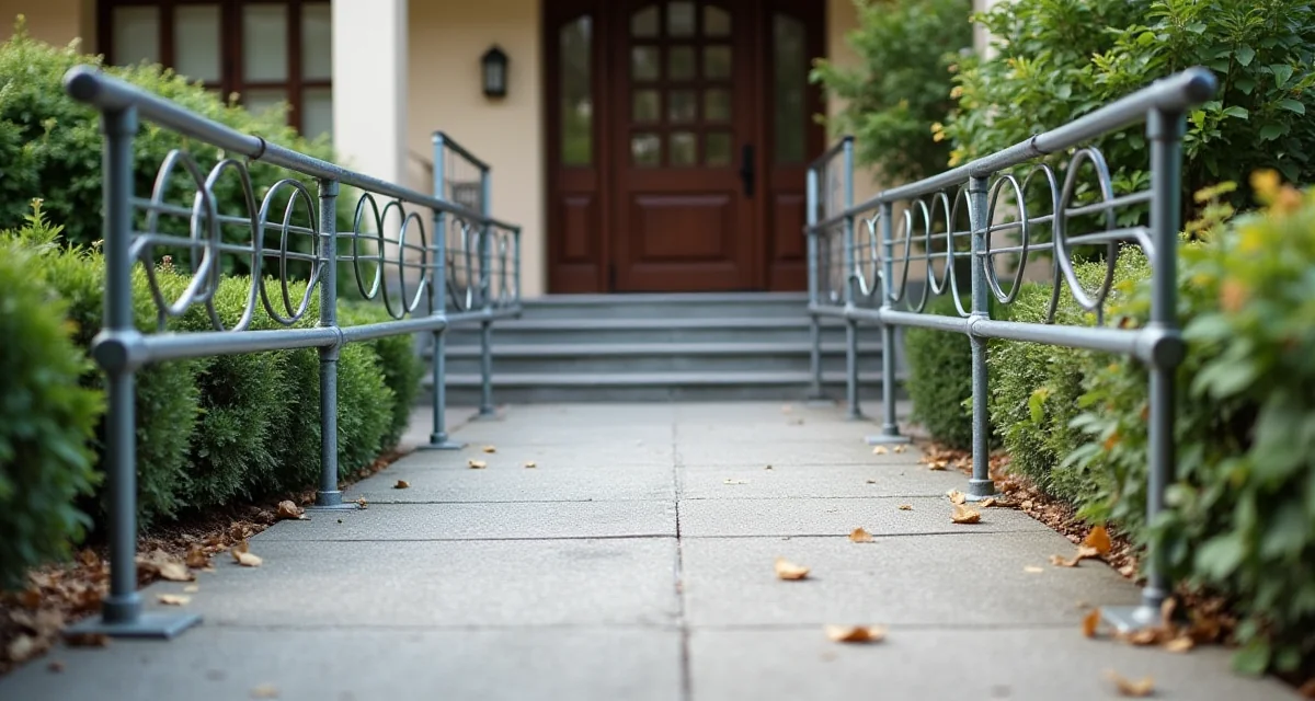 Rampe accessibili con ringhiere in metallo accanto ai gradini d'ingresso di un condominio