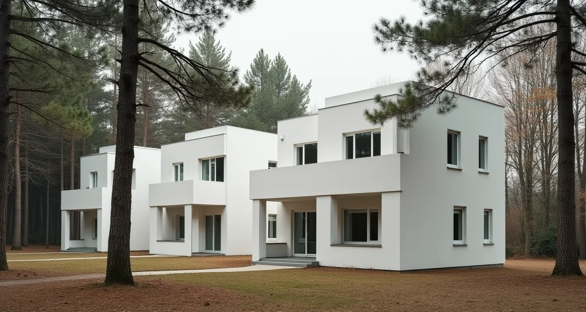 Case bianche cubiche dei maestri di Bauhaus a Dessau tra pini sotto la luce del giorno