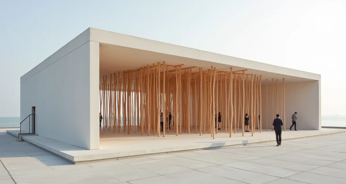 Padiglione espositivo con installazioni sospese in legno durante la Biennale di Architettura di Venezia