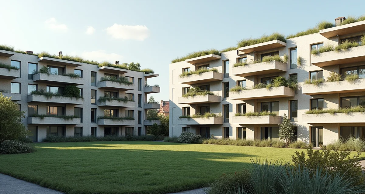 Blocco abitativo sociale moderno con terrazze sfalsate e tetti verdi illuminato dalla luce del giorno