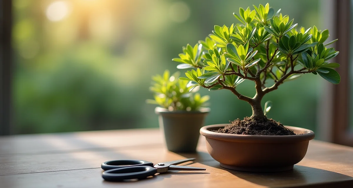 Ficus bonsai su tavolo con forbici e terriccio per la cura delle piante da interno