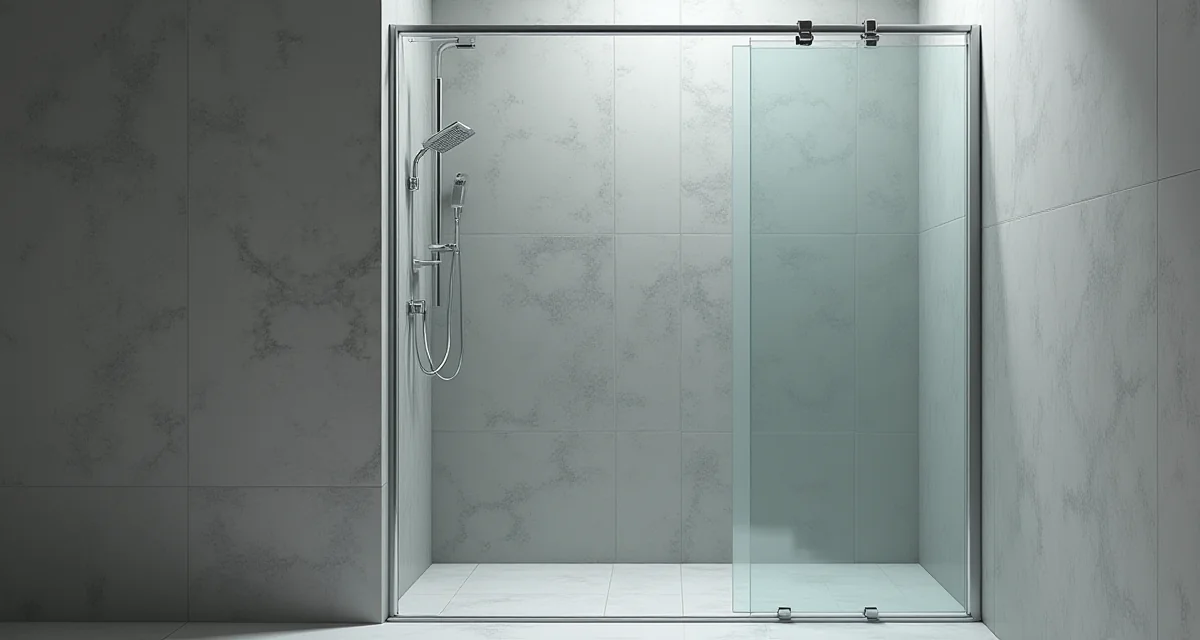 Doccia a filo pavimento con pannello in vetro e piastrelle grigie illuminate da luce naturale intensa