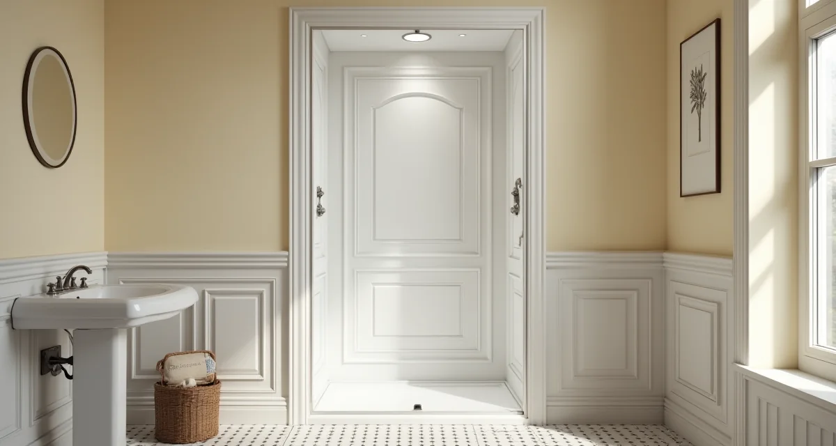 Box doccia classico con cornice bianca e piastrelle decorate in un bagno illuminato da luce calda