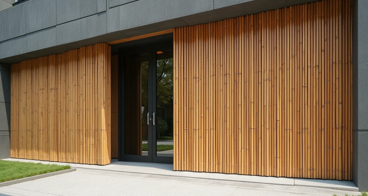 Facciata moderna con schermo di canne di bambù come elemento architettonico in un giorno soleggiato