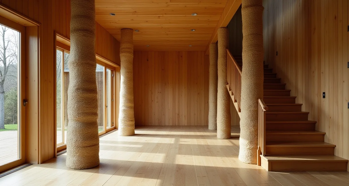Canne di bambù avvolte in rattano e scala in legno nell'interno di Villa Mairea con luce nordica