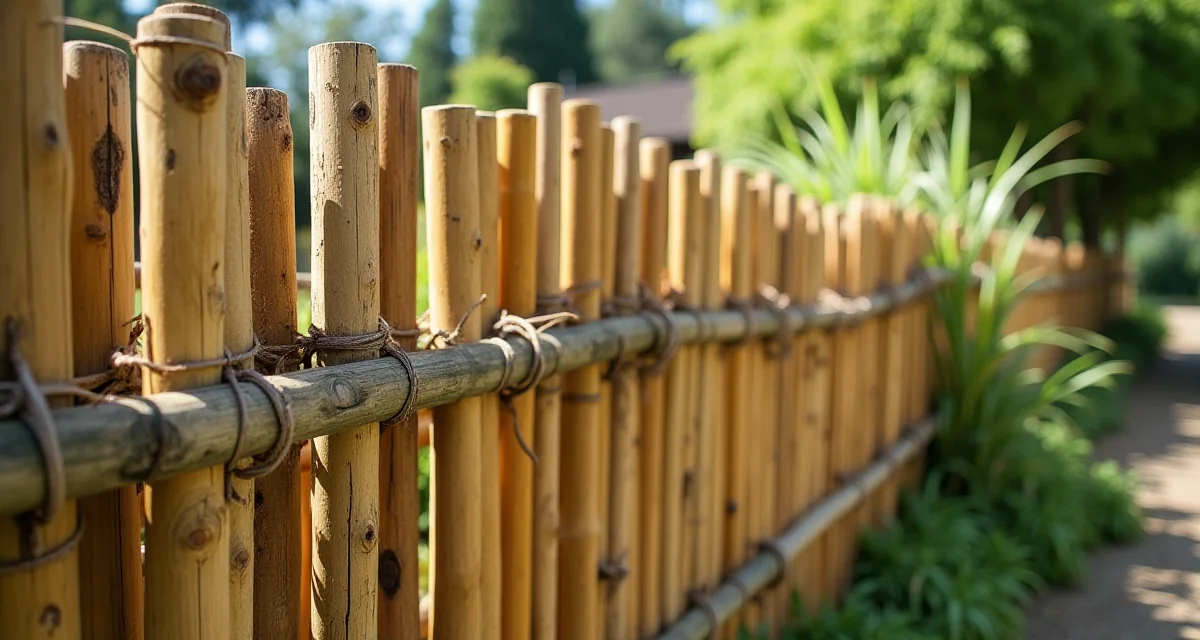 Recinzione in giardino realizzata con canne di bambù naturali legate tra loro e circondata da vegetazione verde sotto il sole
