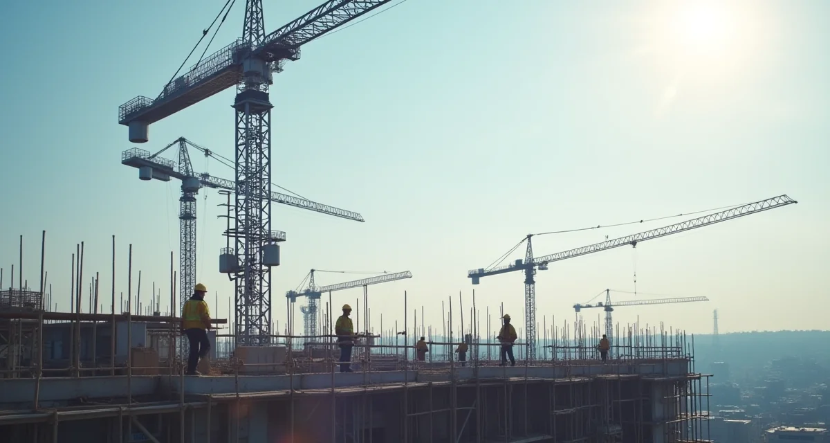 Vista panoramica di un cantiere edile con gru torre e operai su impalcatura in lontananza