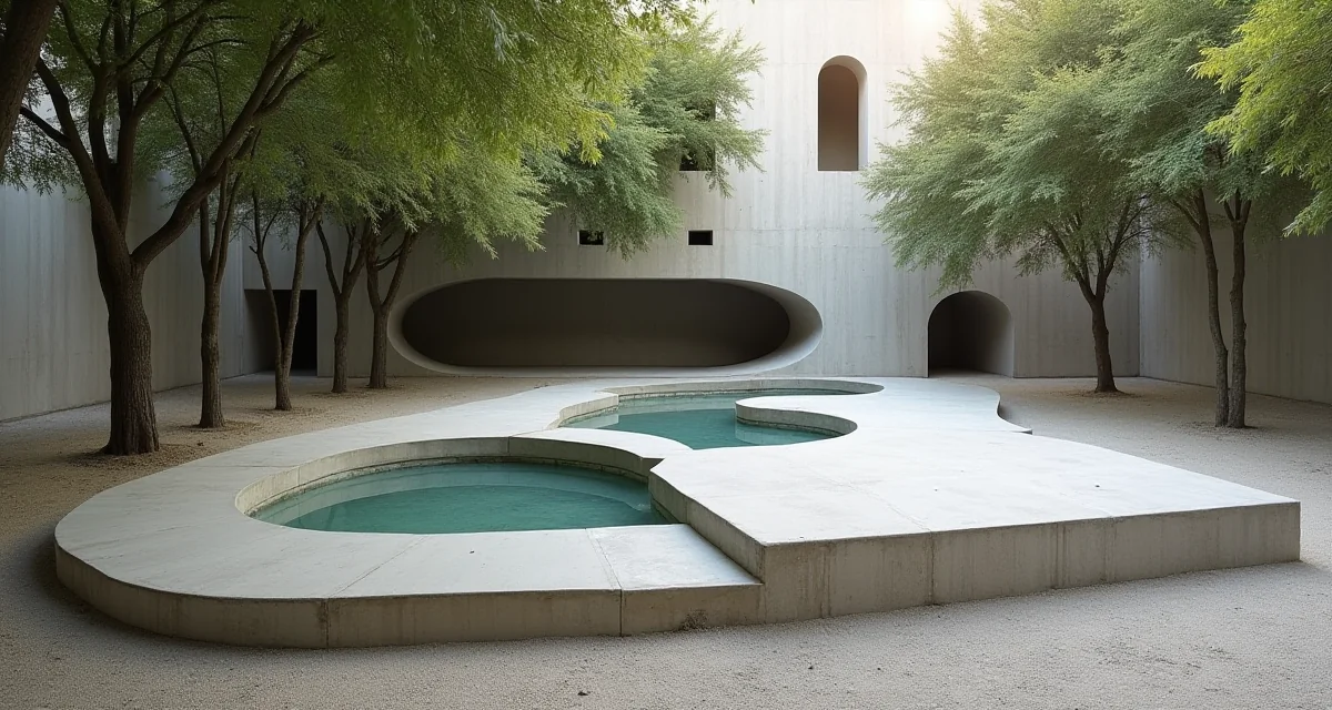 Giardino in cemento scultoreo alla Biennale di Venezia con piccola vasca d'acqua tra gli alberi e luce soffusa