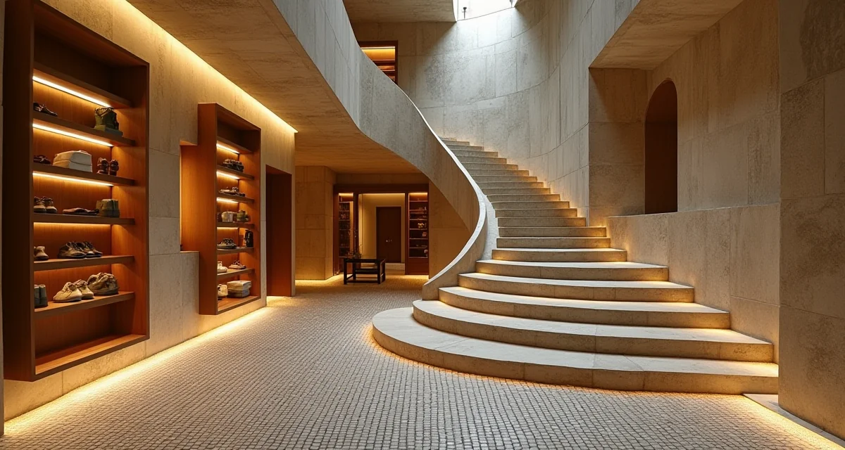 Scala in pietra sospesa e pavimento a mosaico di Carlo Scarpa all'interno di un elegante negozio storico veneziano illuminato