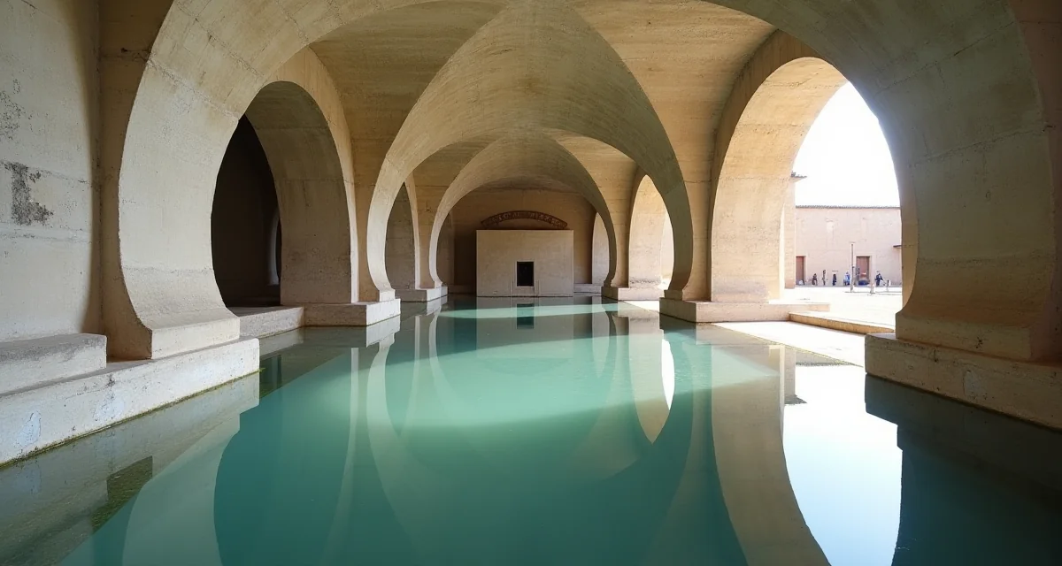 Arcate in calcestruzzo del mausoleo Brion ad Altivole con riflessi sull'acqua e luce soffusa