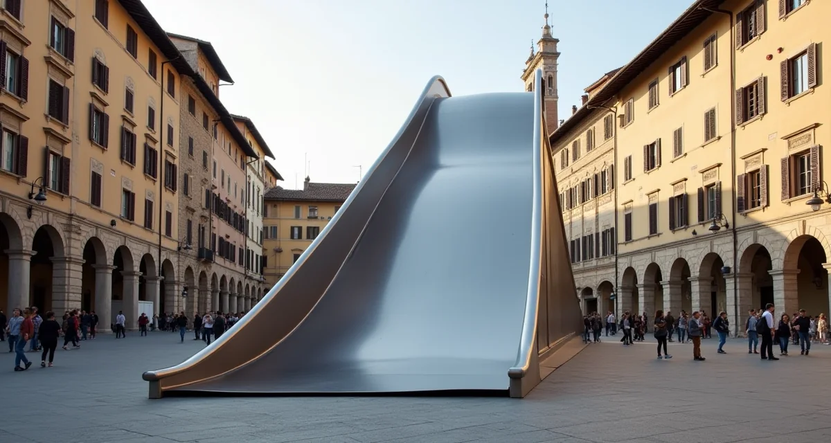 Gigantesca scivolo metallico installato in una piazza storica fiorentina sotto la luce del giorno