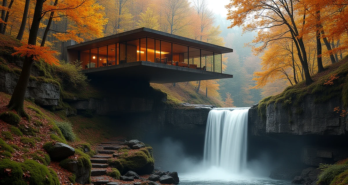Casa Kaufmann con balconi a sbalzo sulla cascata nel bosco autunnale