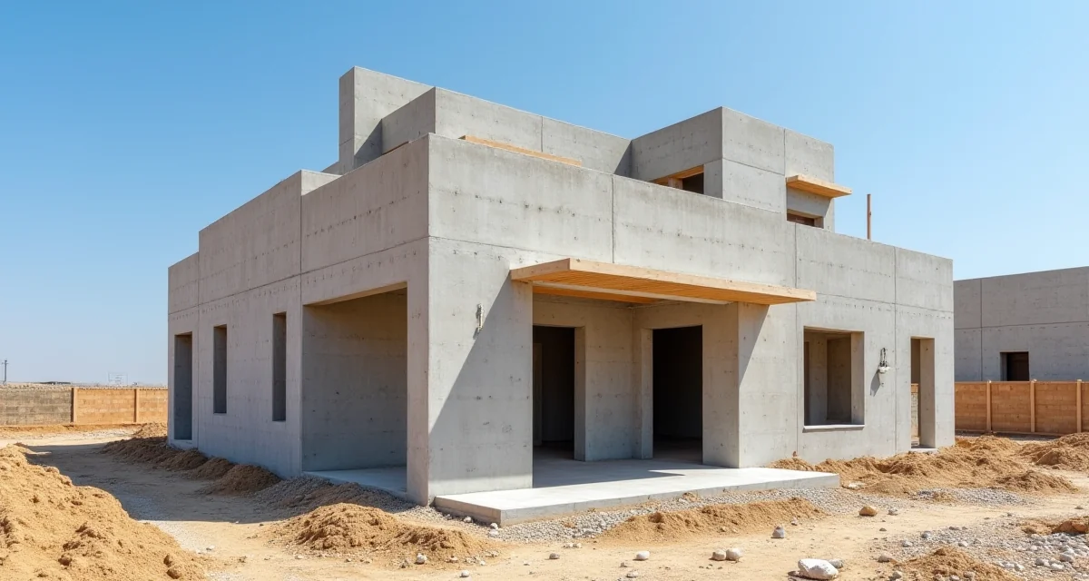Pannelli murari prefabbricati appena assemblati su cantiere in una casa prefabbricata sotto il sole