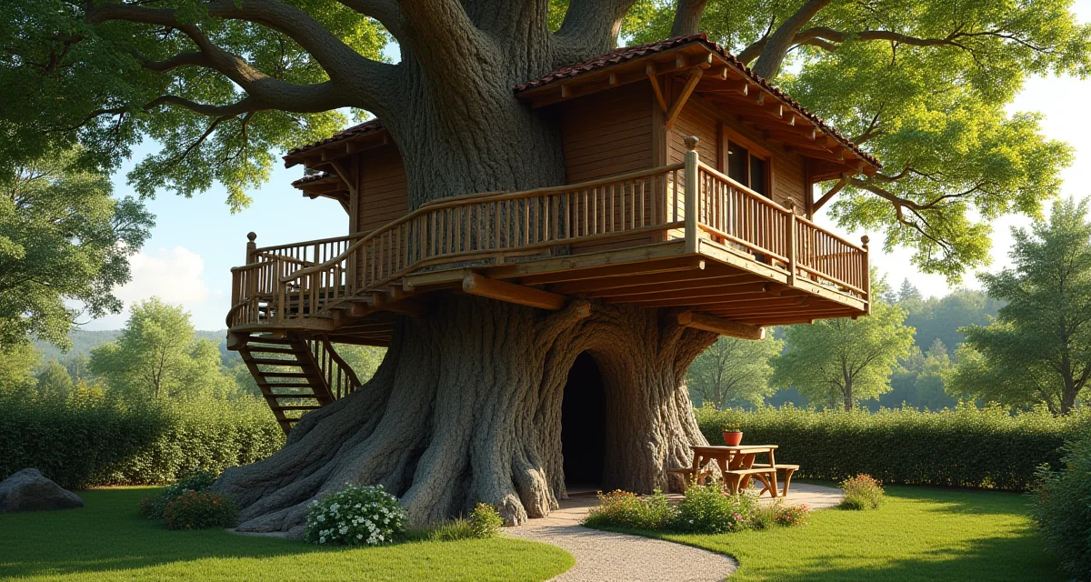 Casetta sull'albero in legno con terrazzo costruita attorno al tronco di un grande albero in una giornata soleggiata