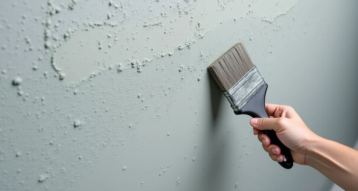 Applicazione di stucco grigio osmotico su parete seminterrata con pennello per impermeabilizzazione
