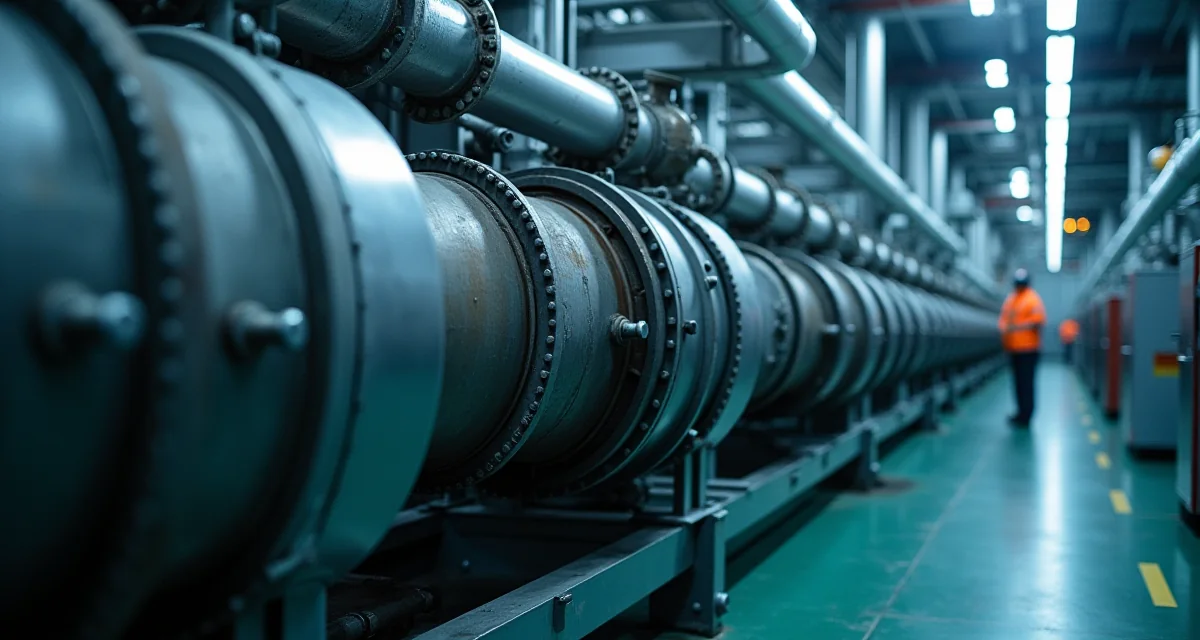 Unità di cogenerazione con scambiatori di calore e tubazioni in un locale tecnico industriale illuminato da luce tecnica