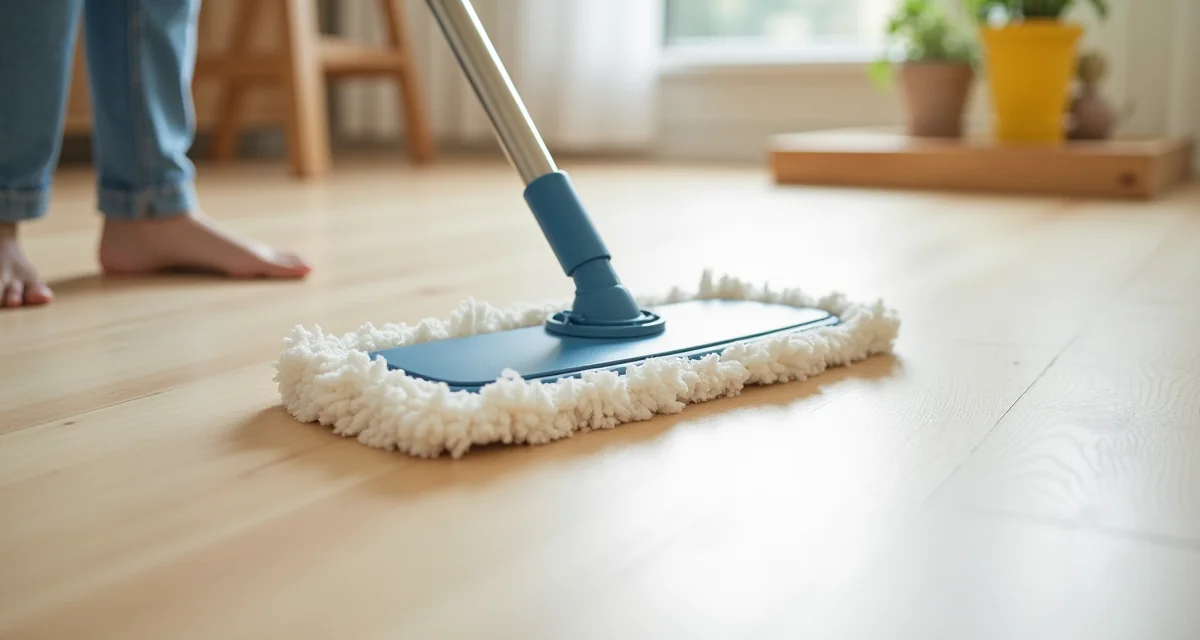 Pavimento in laminato lucido pulito con mocio piatto in una stanza luminosa e spaziosa